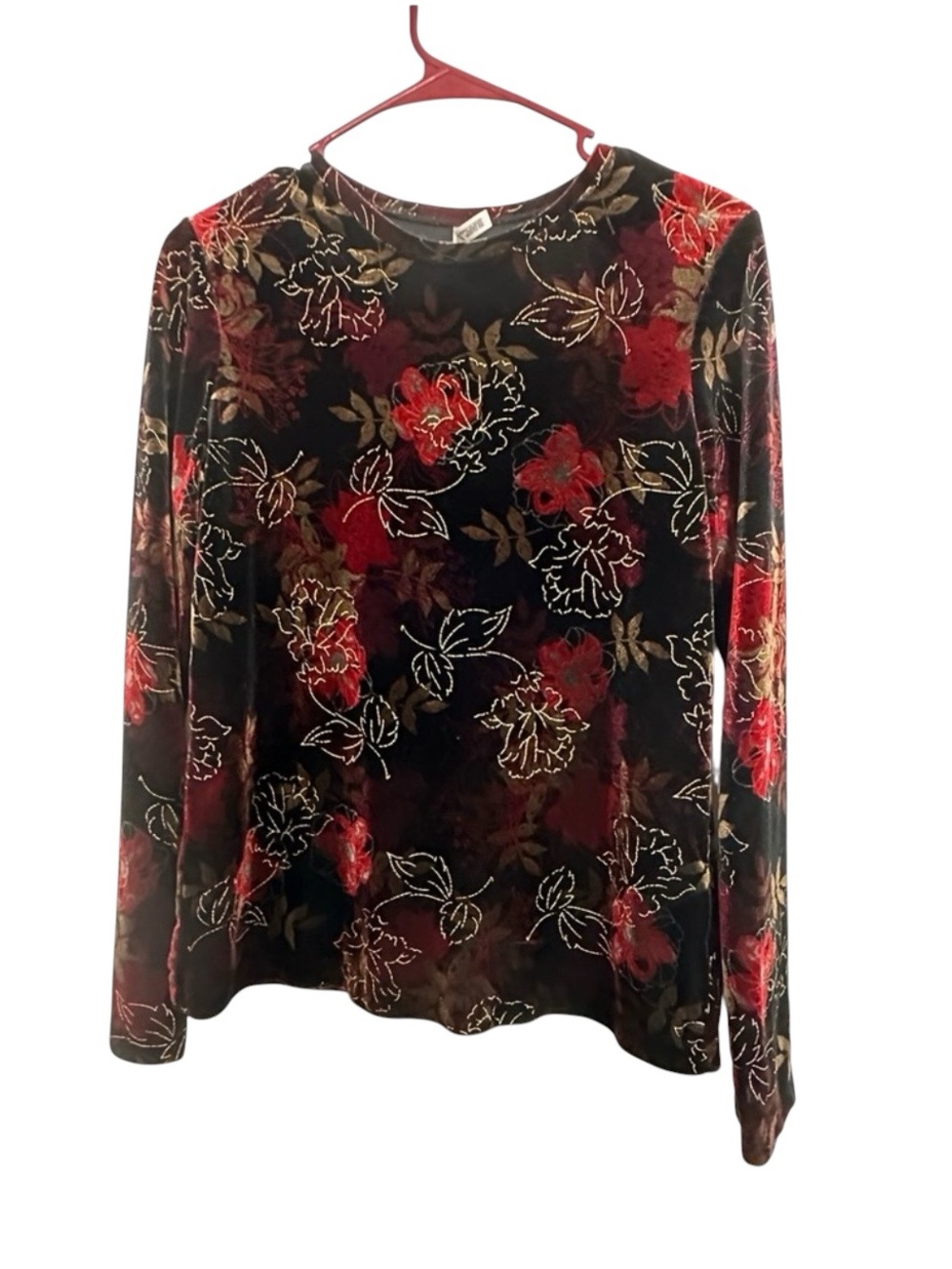 White Stag Black Velvet Long-Sleeve Top with Red and Gold Floral